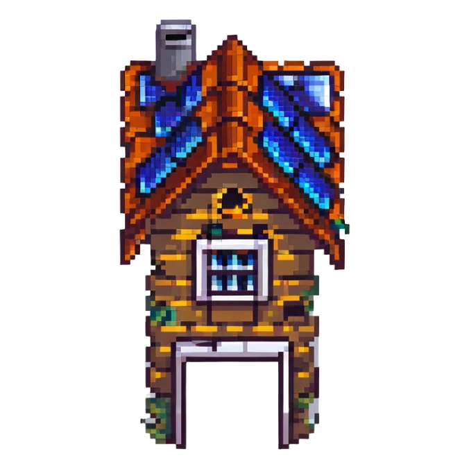 cottage with solar panels on the roof, pixel art style sticker