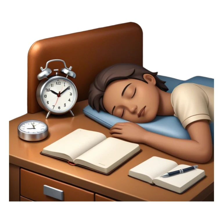 A dimly lit bedroom with a person sleeping. On a nightstand, there's  there’s a small alarm clock and a closed journal. In the background, a clean and tidy kitchen is visible, symbolizing a fresh start for the morning. preparation. sticker