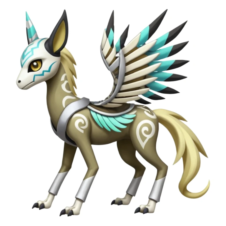 Arrow-patterned chevron-marked Big-eyed anime-styled Colorful Shiny Tribal Skeletal masked armored Meloetta-Silvally-Solgaleo-Raikou-Pokémon-Digimon-Fakémon-fusion-hybrid-creature, full body sticker