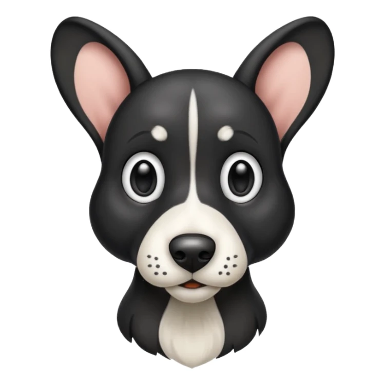 Black hound dog with big ears, white snout and white chest sticker