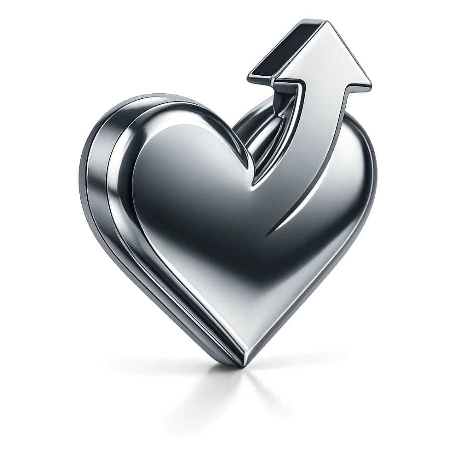chrome style heart with an upward arrow, symbolizing health improvement, highly reflective and metallic sticker