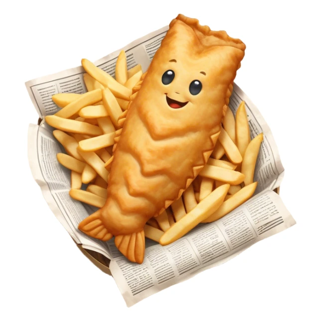 Fish and Chips Cinematic Realistic Fish and Chips Dish Emoji, depicted as a crispy battered fish fillet and golden chips served in traditional newspaper wrapping, rendered with lifelike textures and warm natural lighting that captures its iconic British street food charm  . sticker