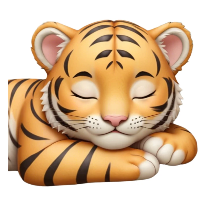 Meme-Worthy cute Sleeping Tiger Cub Portrait Emoji, Head resting peacefully with a contented smile, showcasing a luxuriously soft, striped form and eyes gently closed in serene slumber, Simplified yet comically adorable features, highly detailed, glowing with a soft, drowsy wild light, high shine, relaxed and utterly lovable, stylized with an air of playful laziness, bright and heartwarming, soft glowing outline, capturing the essence of a sleeping tiger cub that feels destined to become the next viral icon of adorable rest! sticker