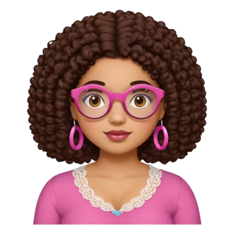 medium-light kinned afro-latina girl with medium length chocolate brown side part curly hair, brown glasses, brown eyes, pink sweetheart necklined top with lace, round wide-ish nose, chubby oblong face sticker