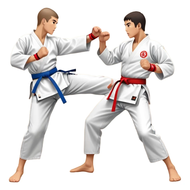 Two karate fighters in traditional gi sparring. One executes a high kick aimed at the opponent’s head, while the other blocks with a strong hand defense. The background features a classic dojo with wooden flooring and banners. Dynamic motion and focused expressions. Transparent background. sticker