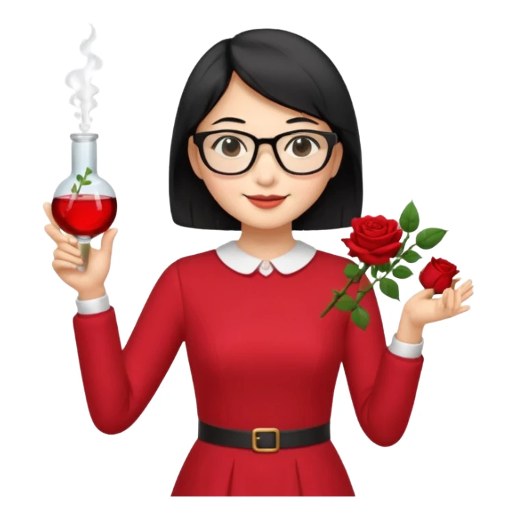 female asian chemistry teacher wearing glasses holdin a flask pointing right with straight short hair to her shoulders wearing a red dress with roses on it and black hair and make the glasses more retangle and make her hold a flash with one hand and with the other point right and make her smile sticker
