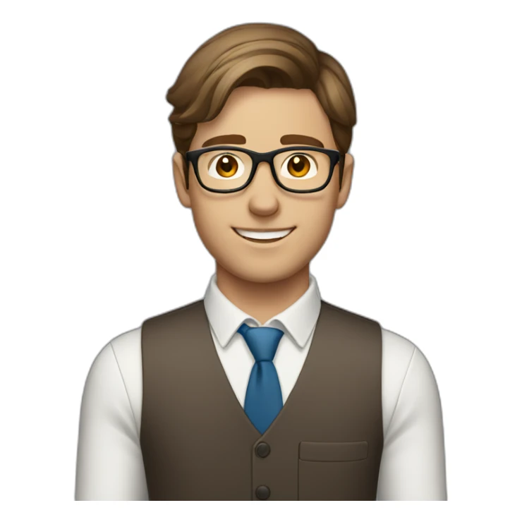 Young brown haired white man with glasses at his first job sticker
