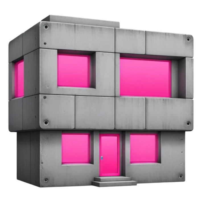 Brutalist gray concrete block building with one neon pink window sticker