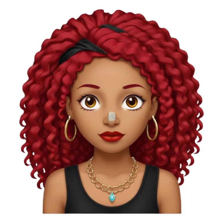 light-skinned black girl with very long eyelashes with long curly dark red hair with edges wearing a black top with no sleeves. and a red accessory on her head with nose and mouth piercings and is a baddie and looks like a bad girl. sticker