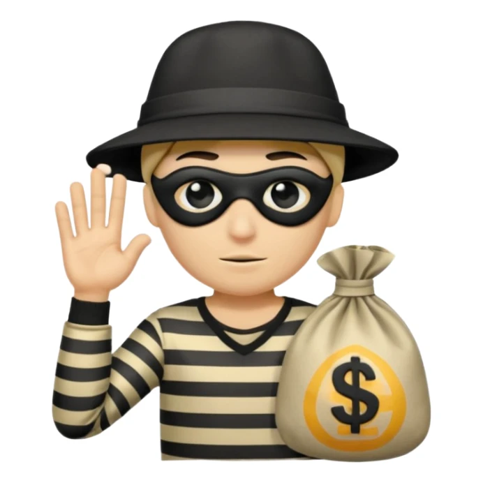 Cartoon-Räuber mit schwarzer Augenmaske, gestreiftem Shirt, schwarzer Mütze und einem Geldsack mit $-Zeichen. sticker