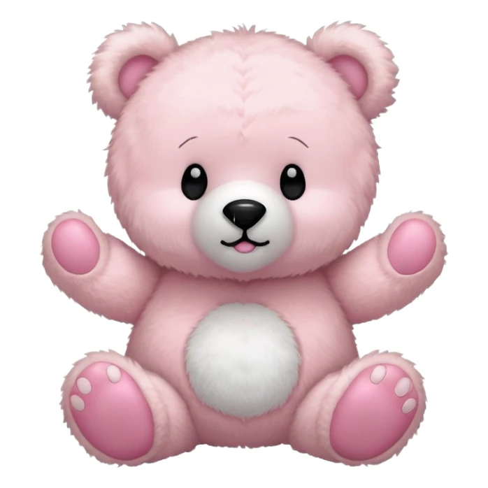 a fluffy toy teddy with a light pink colored shell and ears and a big white face and round bear feet, with a cute black closed eyes and mouth sticker