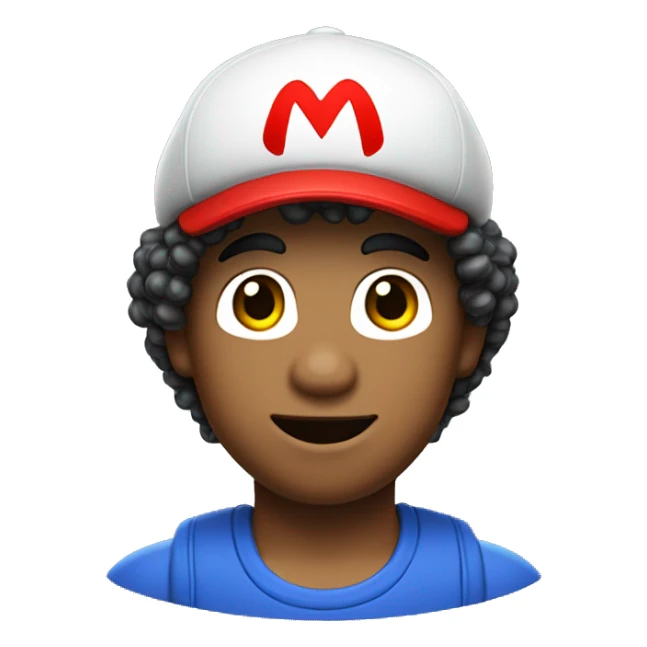 light skinned person with curly hair and Super Mario's cap sticker