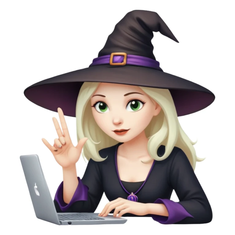 Evil genius lady tapping her fingers together over computer with witch hat on sticker