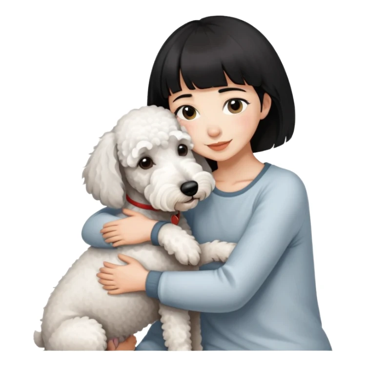 A girl with short black hair and bangs happily hugs a white Bedlington terrier sticker