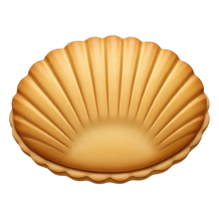A madeleine pastry. Oval seashell shape with ONLY four to five vertical lines going in the same direction. Light golden brown. Scalloped edge. Cookie. Flat. Long. Oval shape. Lets scallops. sticker
