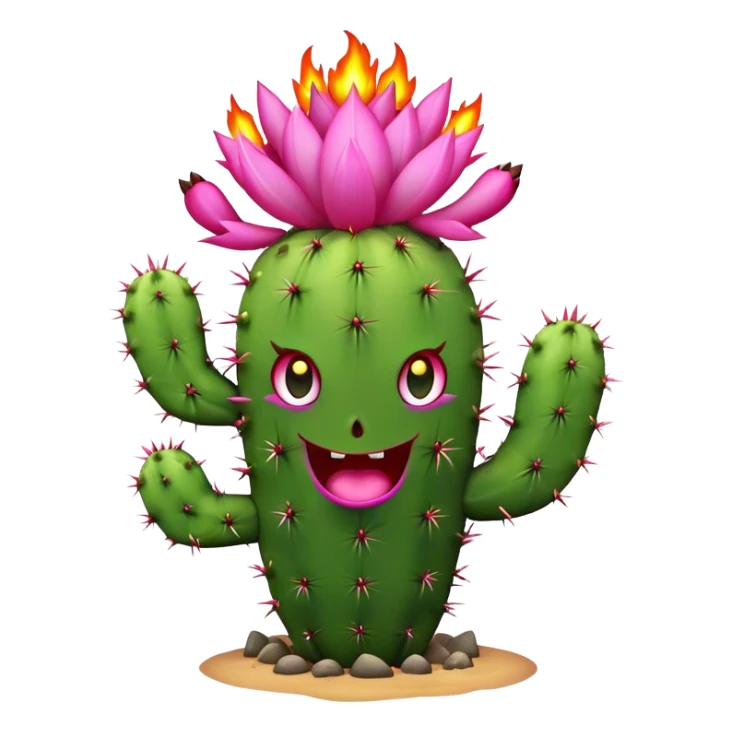 Burning cactus with pink flowers and a crazy face sticker