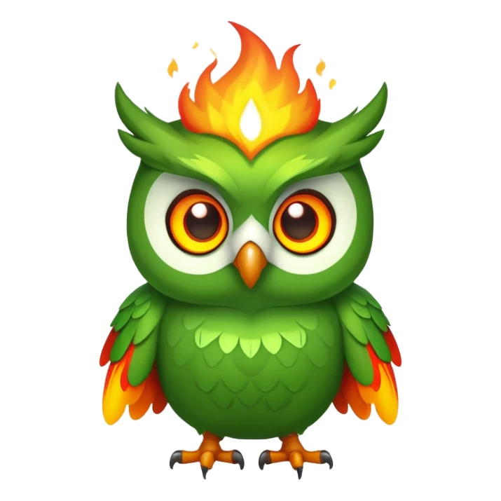 Duolingo green owl mascot with fire flames behind it sticker