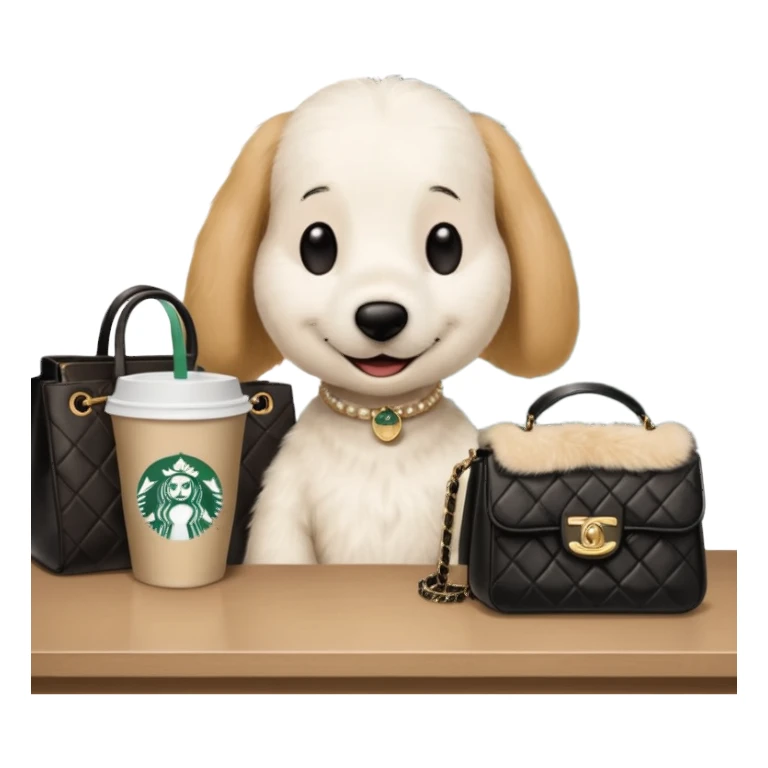snoopy in a desk with starbucks and his chanel purse sticker