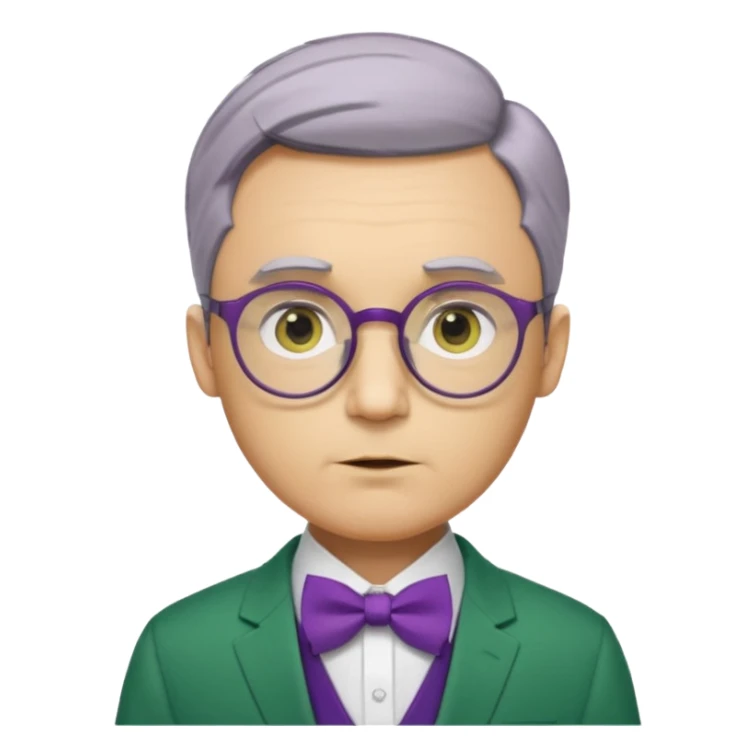 yellow-skinned man with neatly parted brown-gray hair, thick rectangular eyebrows, large round eyes behind thin glasses, a pointed nose, and a green suit with a white collar and purple bow tie. sticker