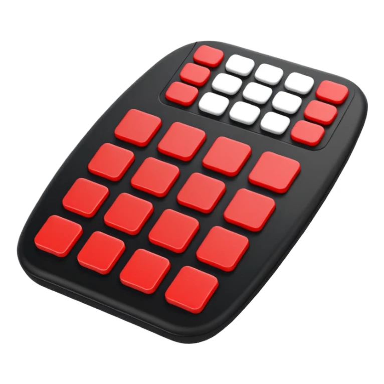 Create a clean, simple emoji of a digital percussion octapad with 6 pads. Flat design, rounded shapes, red and black colors, white background. With this kind of inclination sticker