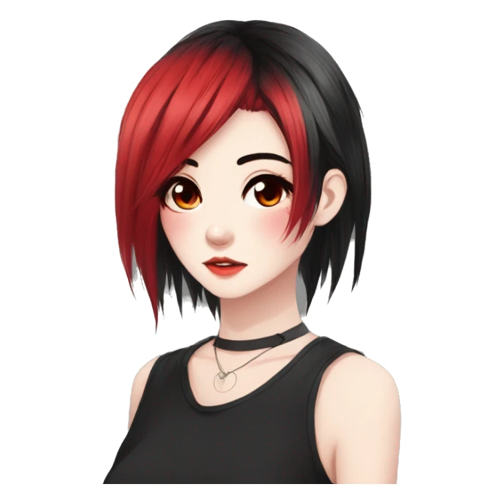 Gorgeous anime style lady with blushing face aesthetic and pretty edgy black red punk hair with hair garment trending style sticker