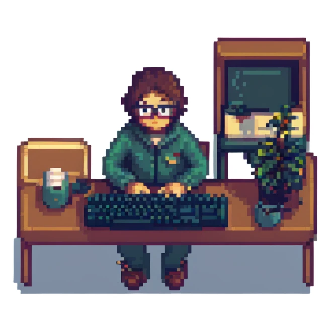 programmer wearing glasses, typing on keyboard, pixel art style, retro tones, simple background sticker