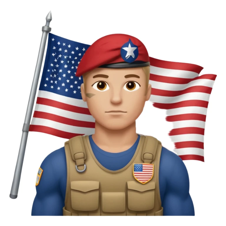 generate white powerful american soldier with small usa flag on shoulder sticker