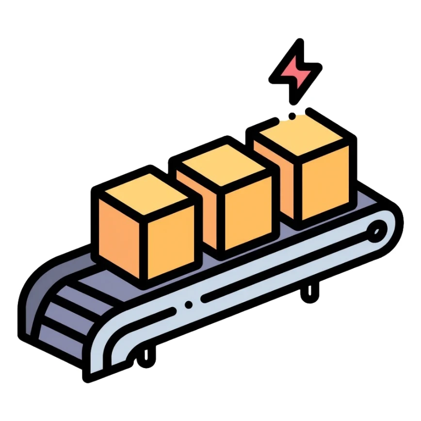 Conveyor belt system moving small cubes in sequence, automation concept sticker