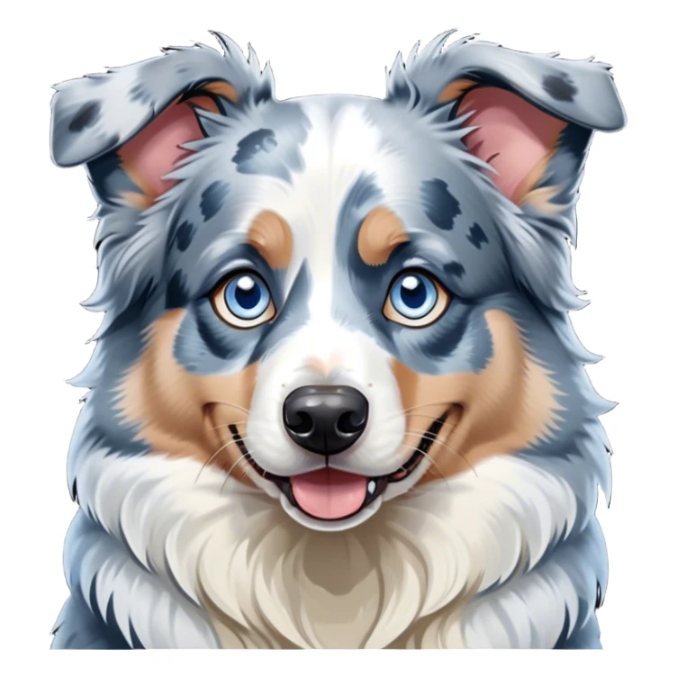 Cinematic Comical Blue Merle and White Australian Shepherd Portrait Emoji, Head tilted dramatically with an exaggeratedly shocked or offended expression, short blue merle fur with striking white patches, wide, expressive blue eyes filled with exaggerated disbelief, Simplified yet hilariously expressive features, highly detailed, glowing with a slightly sassy glow, high shine, dramatic yet playful, stylized with an air of attitude, bright and endearing, soft glowing outline, capturing the essence of a sassy and over-the-top pup, so meme-worthy it feels like it could side-eye its way into internet fame instantly! sticker
