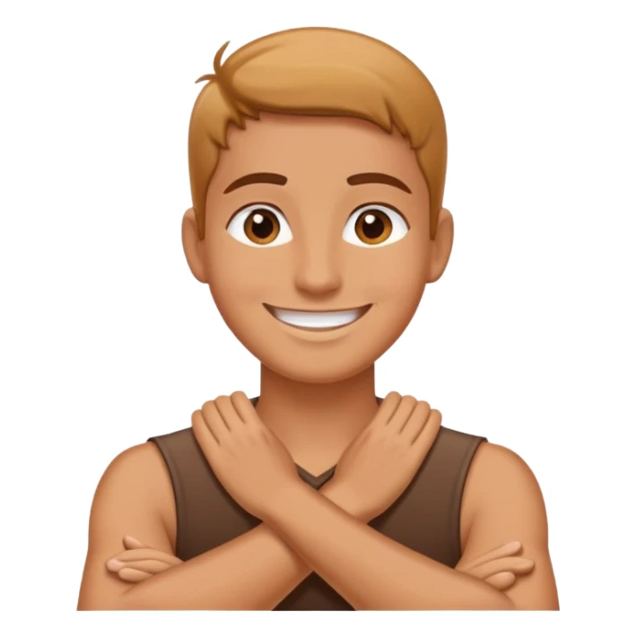 Person smiling with their hands crossed on their neck sticker