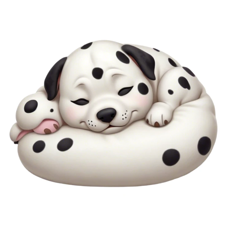 Cinematic Meme-Worthy Chubby Sleeping Dalmatian Portrait Emoji, Head resting peacefully with a contented smile, showcasing a delightfully chubby build and a luxuriously soft white coat with bold black spots, eyes shut in a serene nap, Simplified yet hilariously adorable features, highly detailed, glowing with a soft, drowsy light, high shine, relaxed and utterly lovable, stylized with an air of playful laziness, bright and heartwarming, soft glowing outline, capturing the essence of a comically sleepy Dalmatian, so meme-worthy it feels like it could instantly become the next viral sensation of adorable slumber! sticker