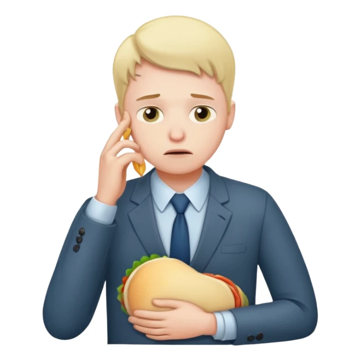 a tired office worker holding his stomach thinking about food sticker
