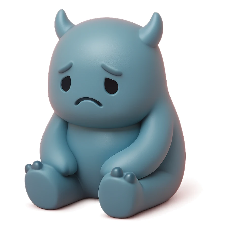lonely monster, sitting alone with a sad expression, muted blue and grey colors, toy-like vinyl figure style sticker