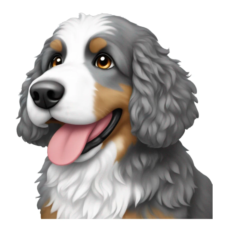 Gray and white Bernedoodle hearing a Santa hat sticker