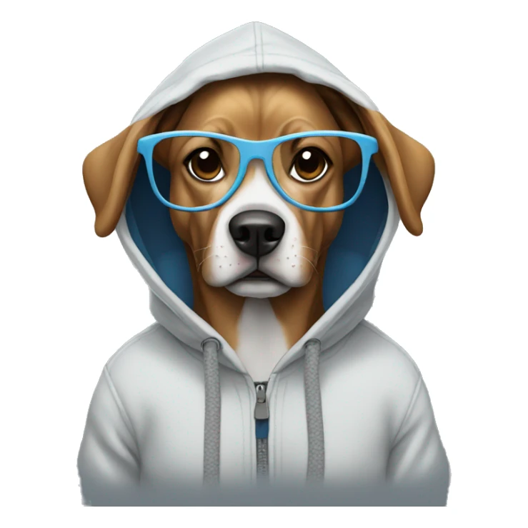 Dog wearing a hoodie with glasses sticker
