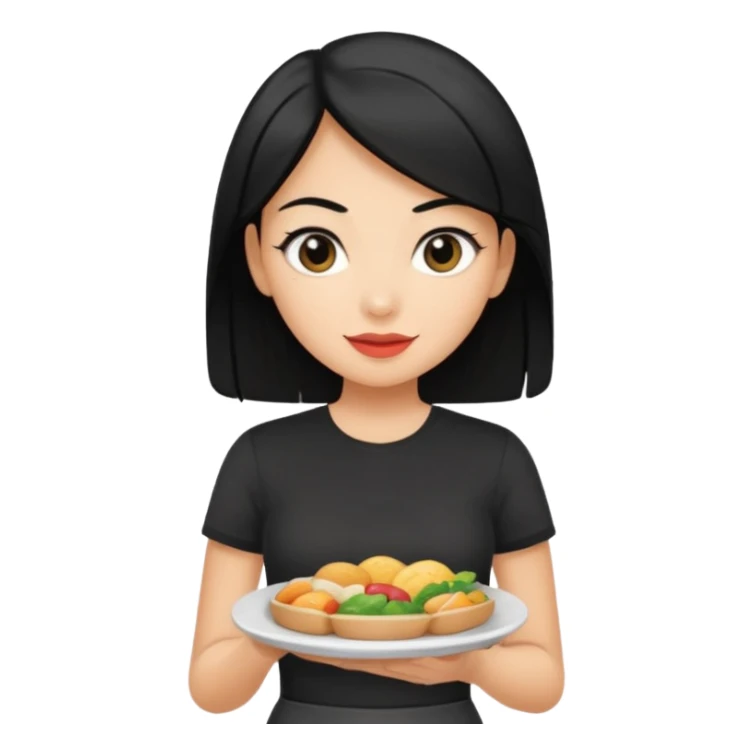 waitress with black hair and a food plate with a black tshirt sticker