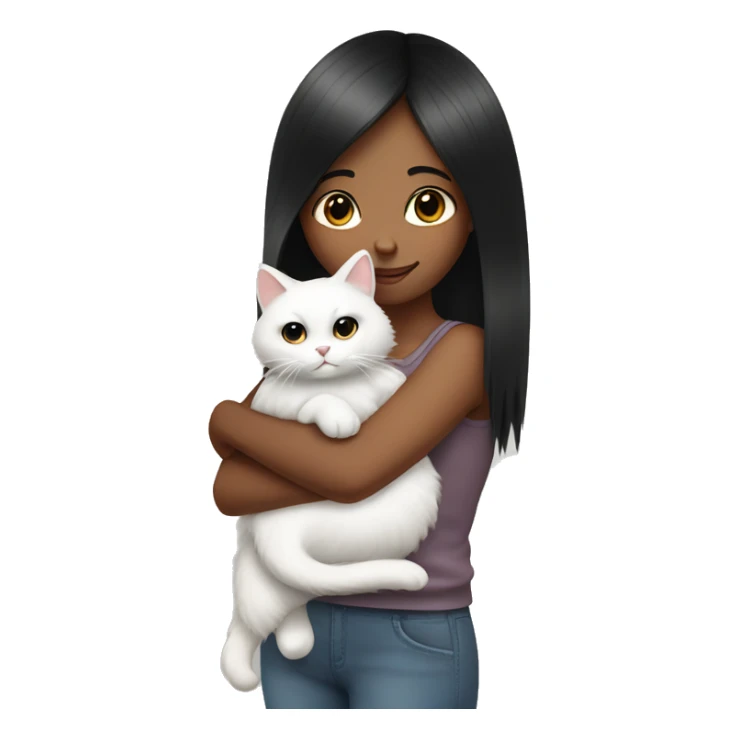 Black straight hair girl holding fluffy white cat  sticker