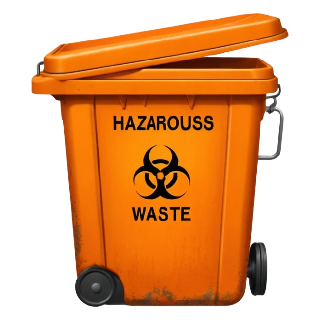 empty orange BIN WITH "HAZARDOUS WASTE" WORD IN IT. CORRECT SPELLING PLEASE sticker