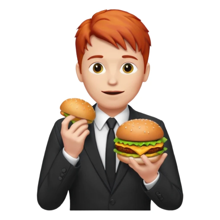 red haired male wearing suit eating hamburger sticker