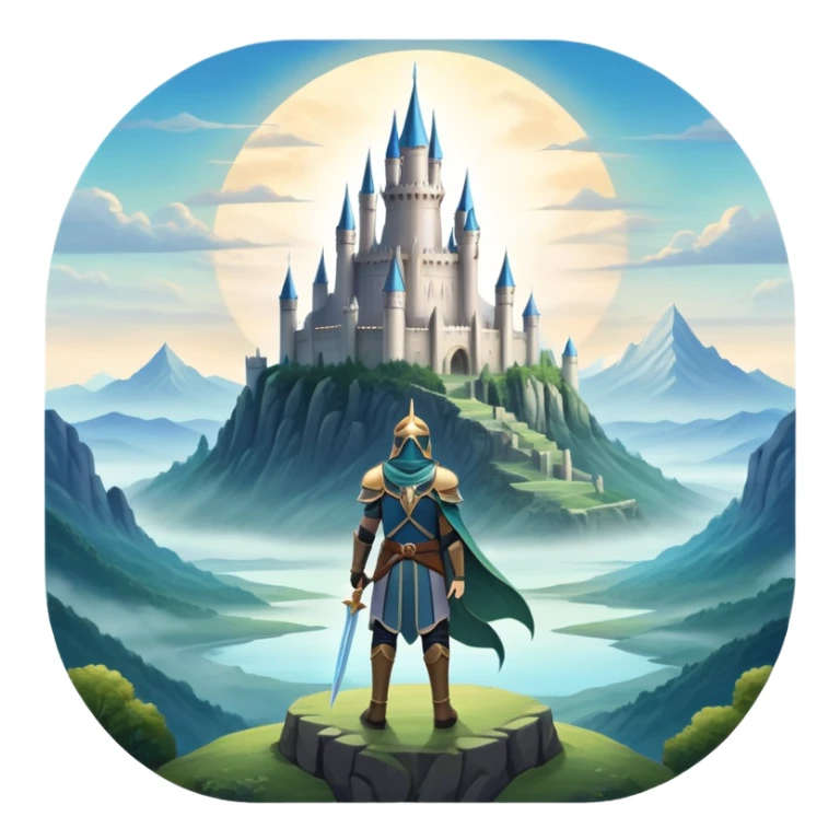 An icon featuring a hero with a closed visor, standing in a majestic, mystical landscape, inspired by RPGs like Elden Ring. The design includes a stunning, ethereal background with towering castles and distant mountains, symbolizing the adventure and mystery. Transparent background sticker