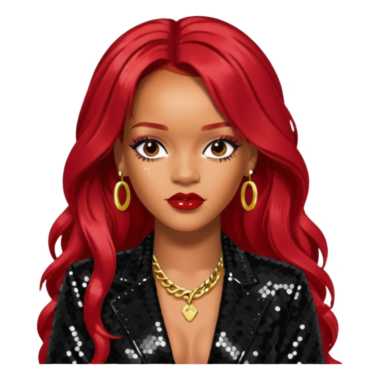 Rihanna with long red hair, black sequin outfit sticker