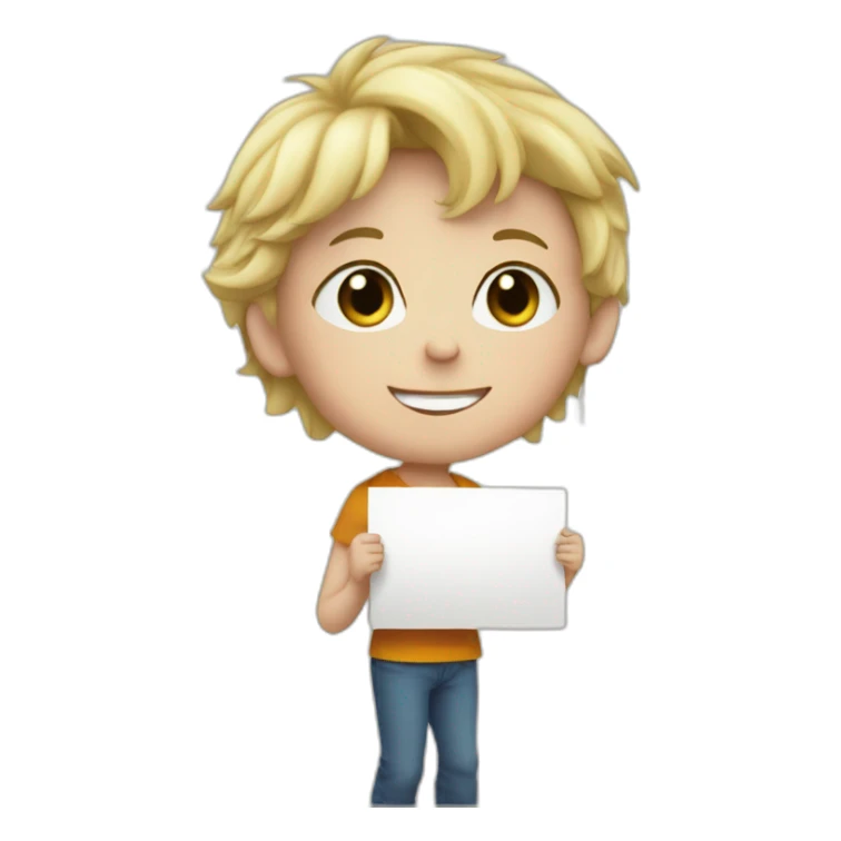 a young blond boy holding a sign , written Vivien sticker