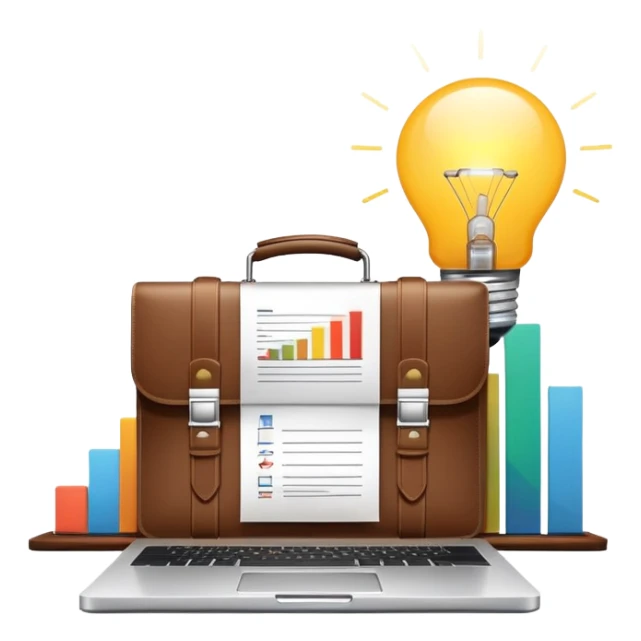 An icon showing a briefcase, a stack of documents, and a rising bar chart, representing business and entrepreneurship. The design features a laptop and a lightbulb, symbolizing innovation and strategy. Transparent background highlights the dynamic world of business growth and leadership. sticker