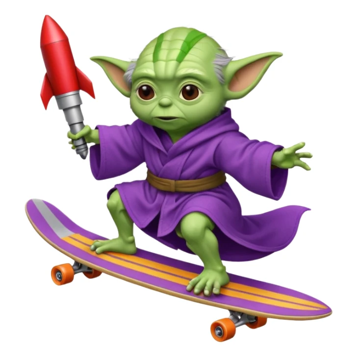 yoda in a purple robe using a rocket like a skate sticker