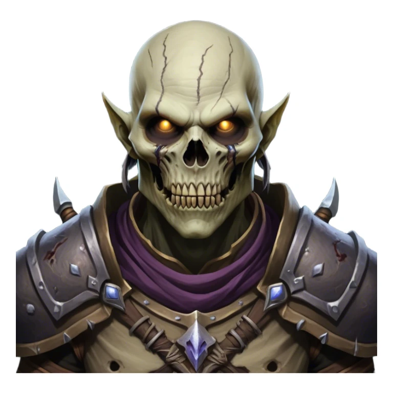 Cinematic Realistic WoW Undead Warrior Portrait, head tilted epicly and inquisitively, showcasing grim resilience and defiant strength. His withered, pallid skin and intense, glowing eyes contrast starkly with his worn, earth-toned clothes, rendered in meticulous detail. With dynamic, high-contrast lighting and high shine, this portrait exudes an epic aura, capturing the relentless will of a battle-hardened undead warrior. sticker