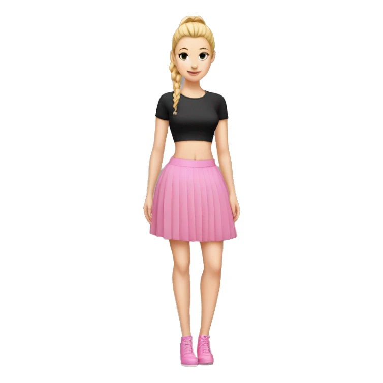 White girl, high heels, black pleated miniskirt, pink croptop, pink ponytail sticker