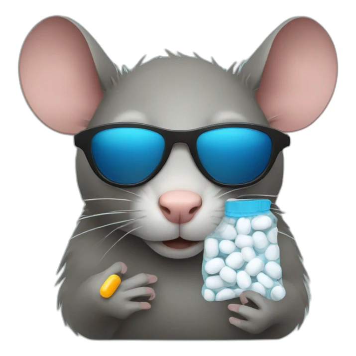 Rat wearing sunglasses with a plastic bag of pills sticker