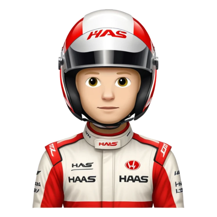 Kevin Magnussen, Formula 1 driver for Haas team, wearing white and red Haas racing suit and helmet sticker