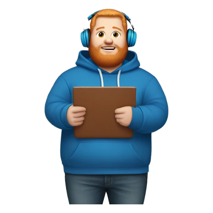 white man ginger beard obese with headphones and blue hoodie sticker