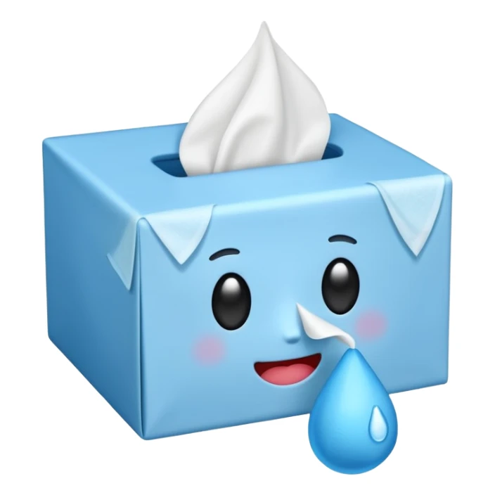 simple and expressive tissue box emoji with a tissue being pulled out and a small blue teardrop sticker